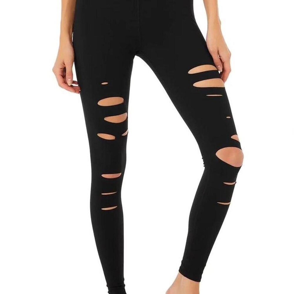 Alo High Waisted Ripped Warrior Yoga Leggings - Black‎ - Medium